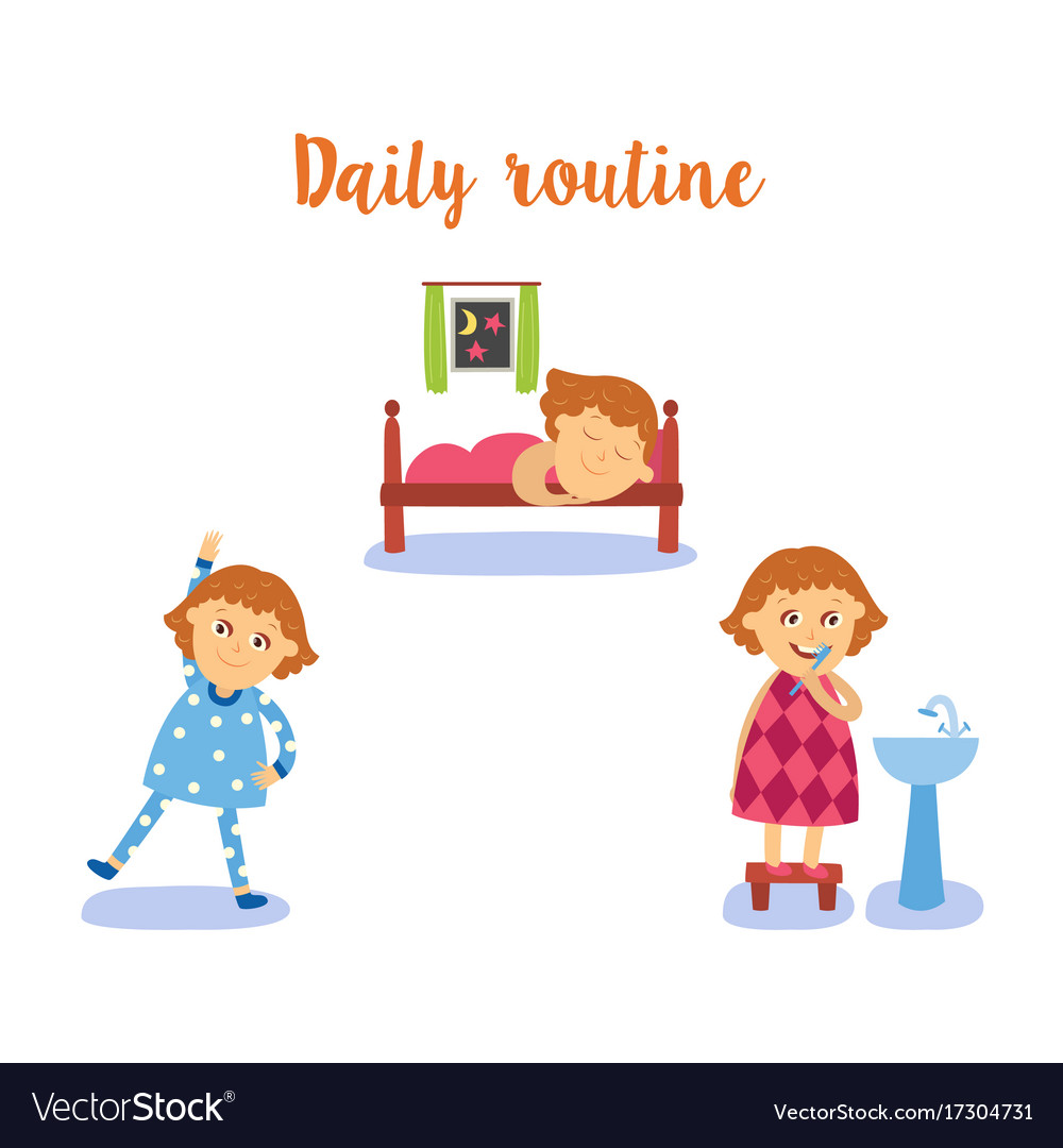 Flat cartoon kid doing routine activity set