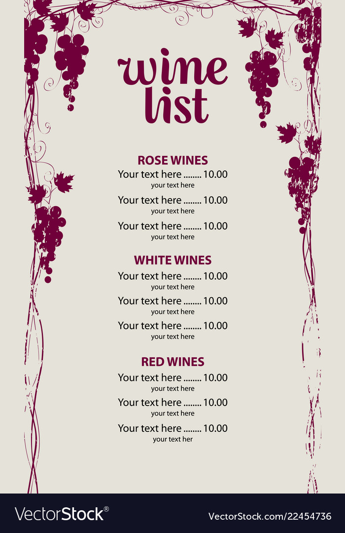 Price list for wine menu with vines and grapes Vector Image