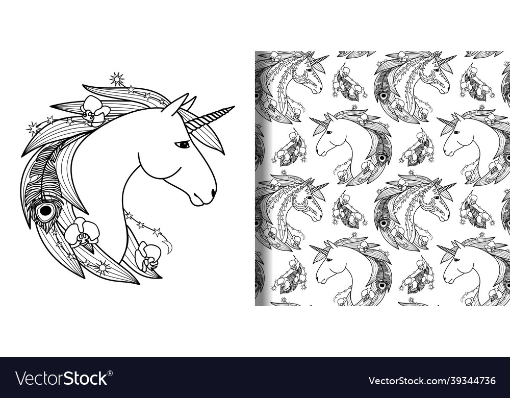 Unicorn head print and seamless pattern set vector image Unicorn head print and seamless pattern set