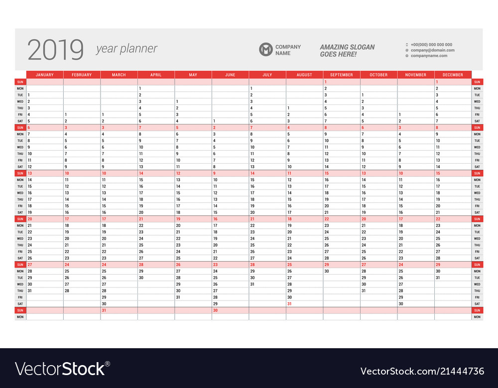 Yearly wall calendar planner template for 2019 Vector Image