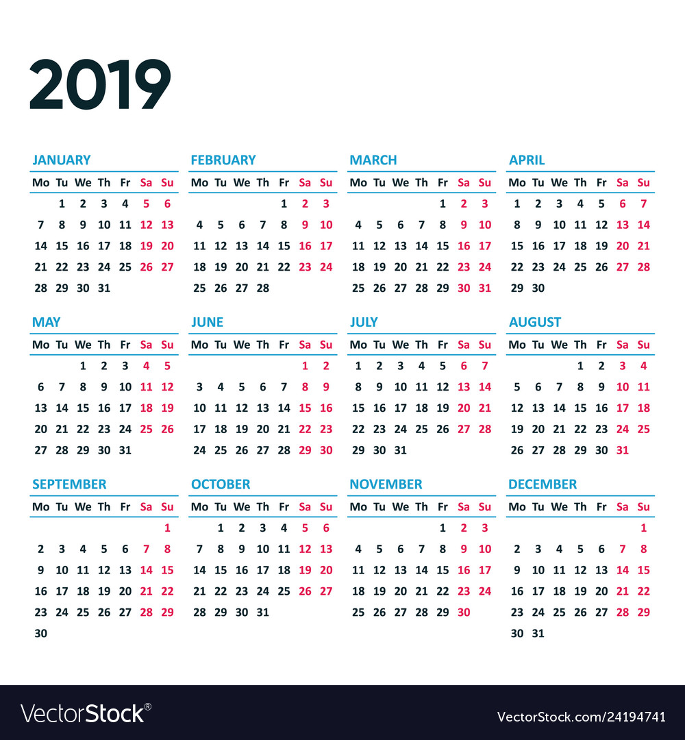 New simple 2019 calendar weeks from monday