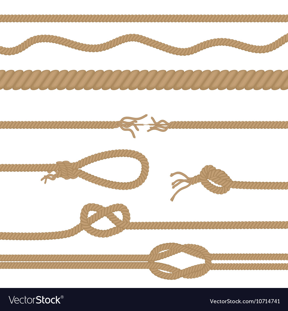 Set realistic brown ropes and knots Royalty Free Vector