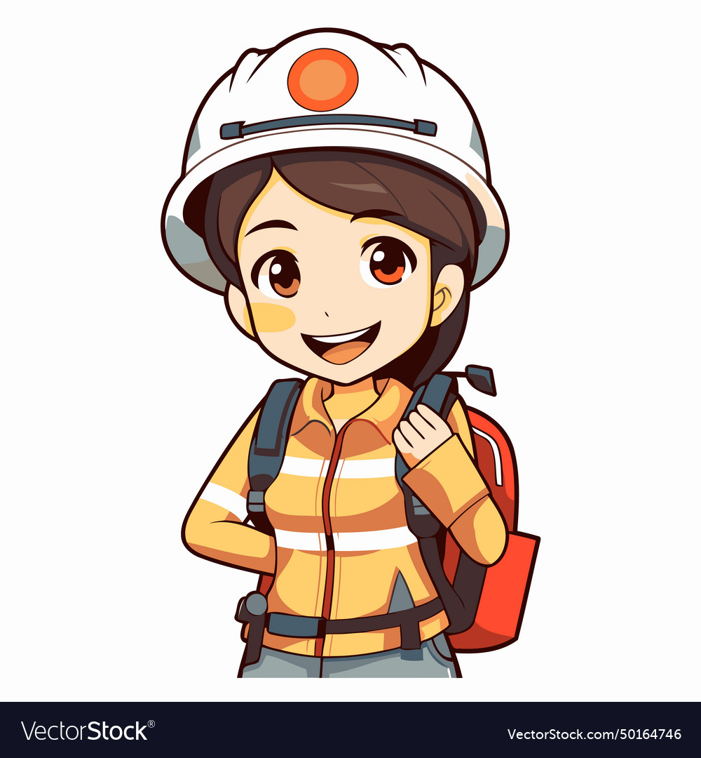 Firefighter girl with helmet and uniform on white