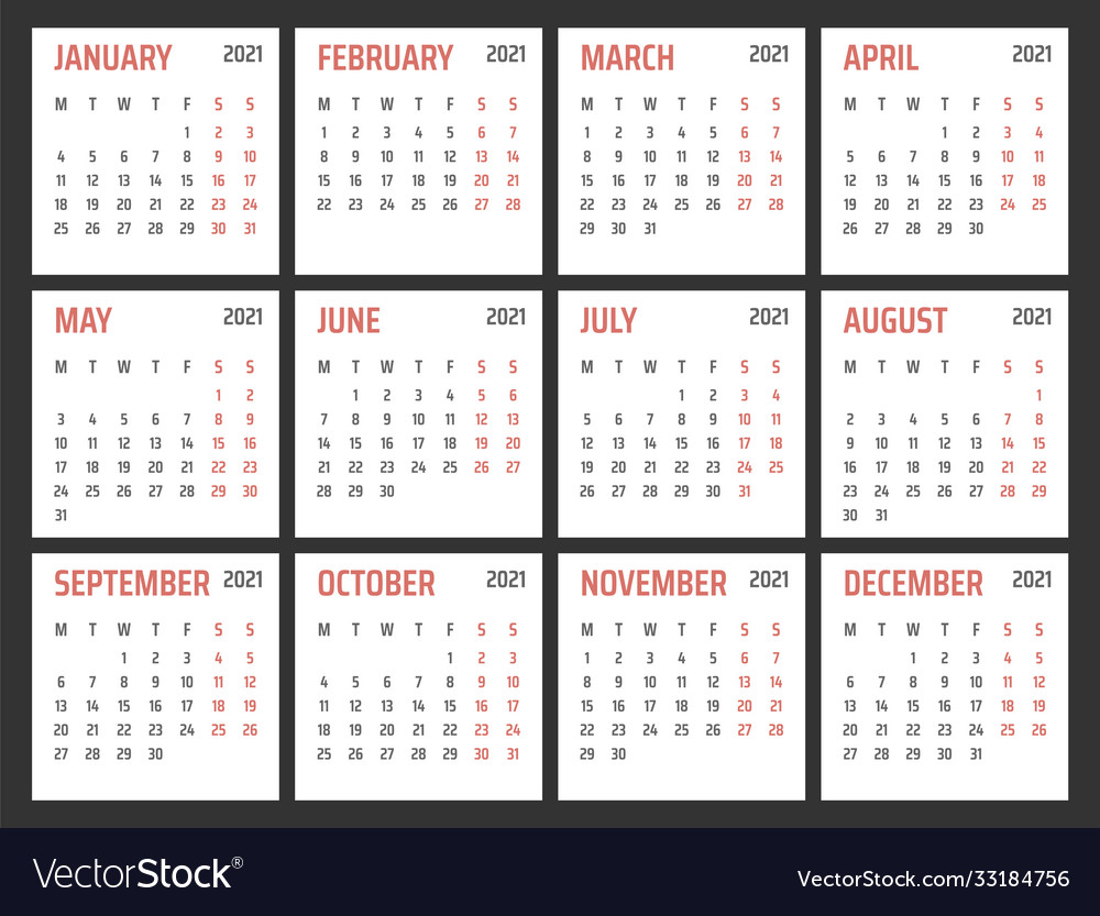 Calendar for 2021 starts monday Royalty Free Vector Image