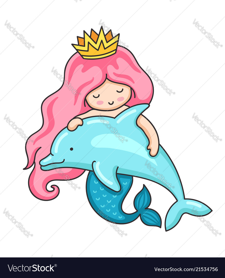 Cute Little Mermaid With Wavy Long Pink Hair And Vector Image
