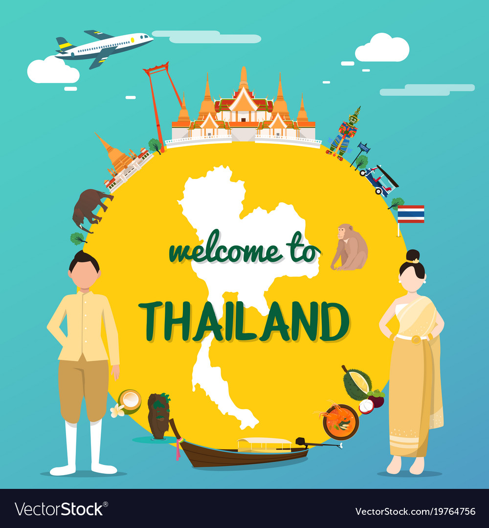 Welcome To Thailand With Traditional Landmarks Map