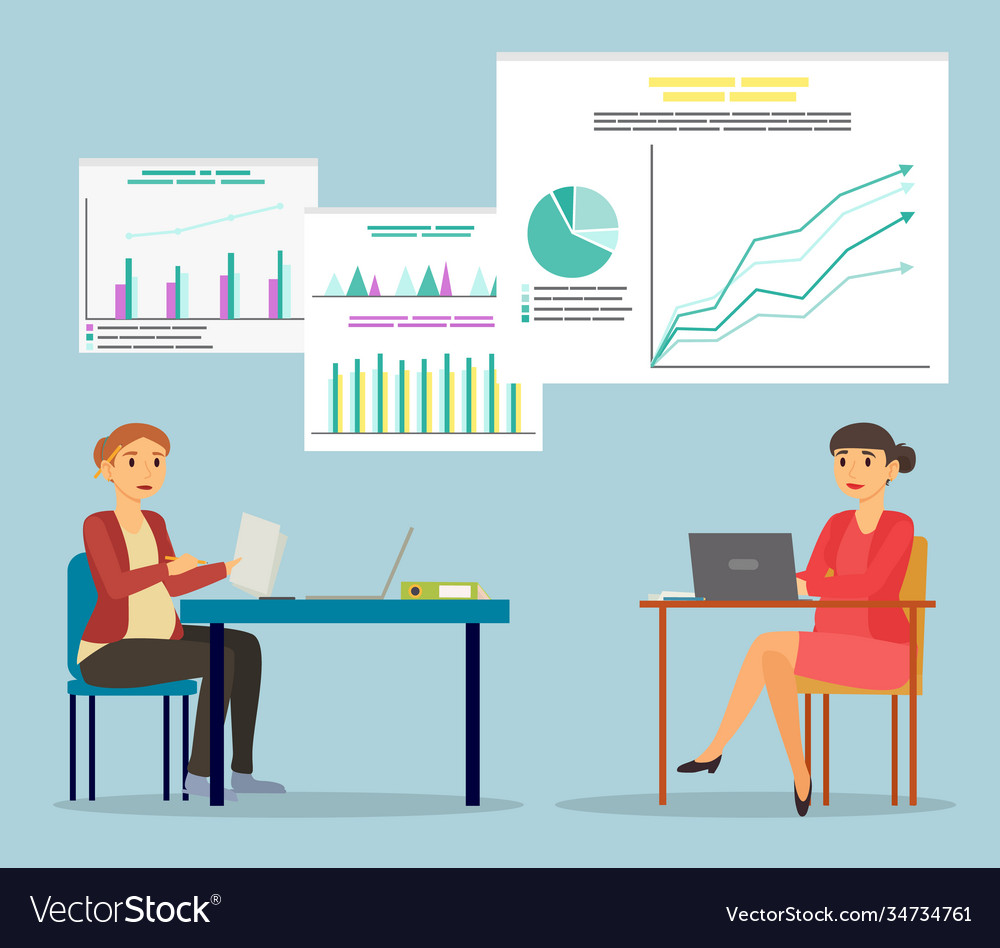 Pregnant woman work in office analytics on board