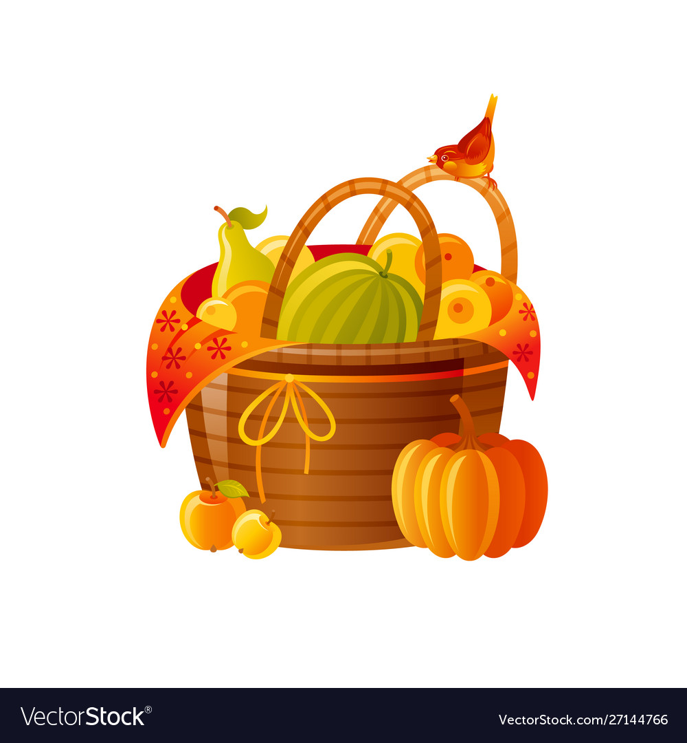 Autumn fall basket with fruits vegetables icon