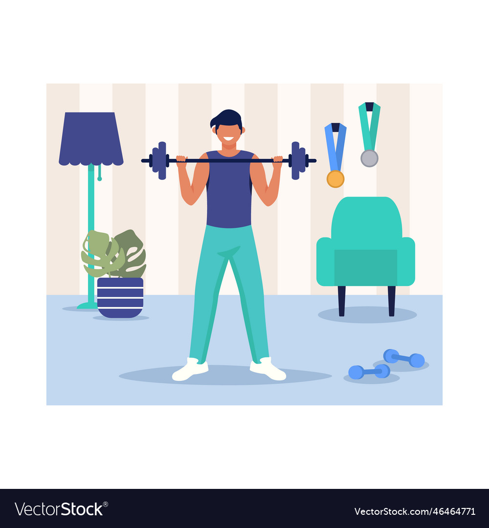 Cartoon character of young strong man lifting