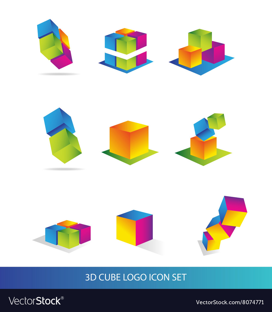 Cube 3d logo icon set colors