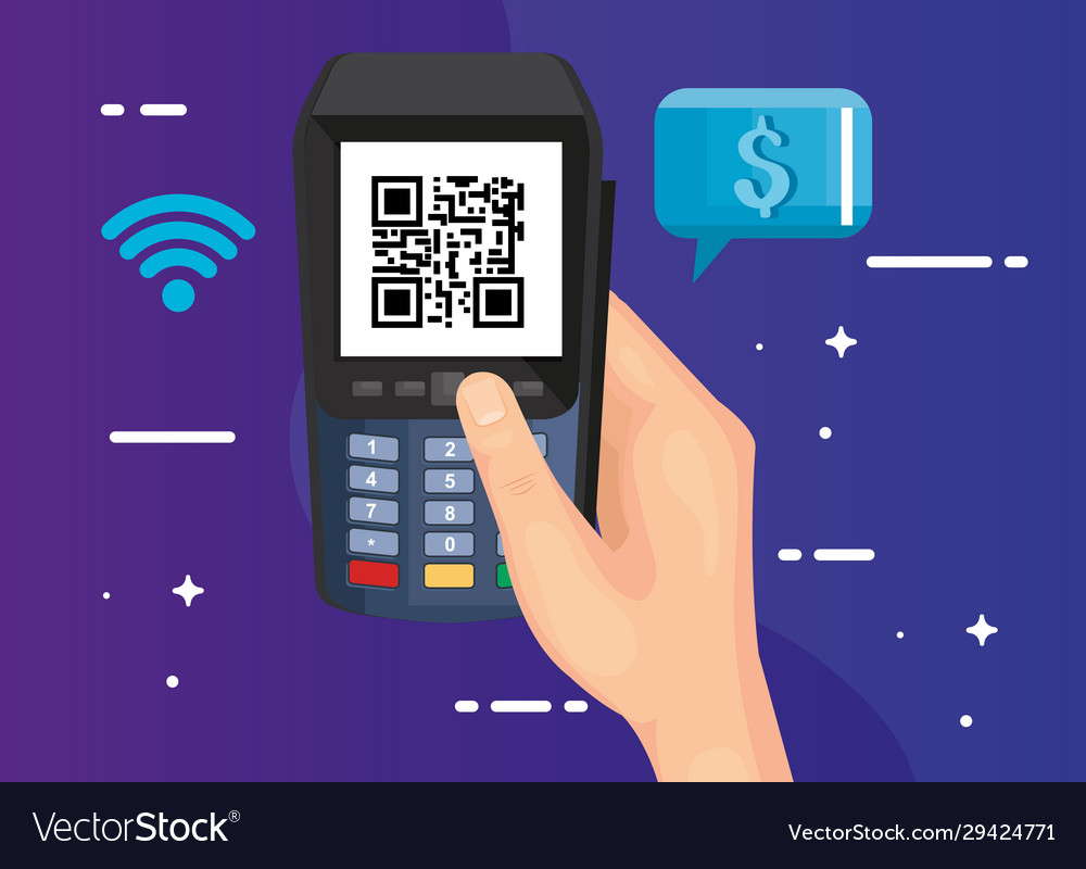 Hand using dataphone with scan code qr and icons vector image Hand using dataphone with scan code qr and icons