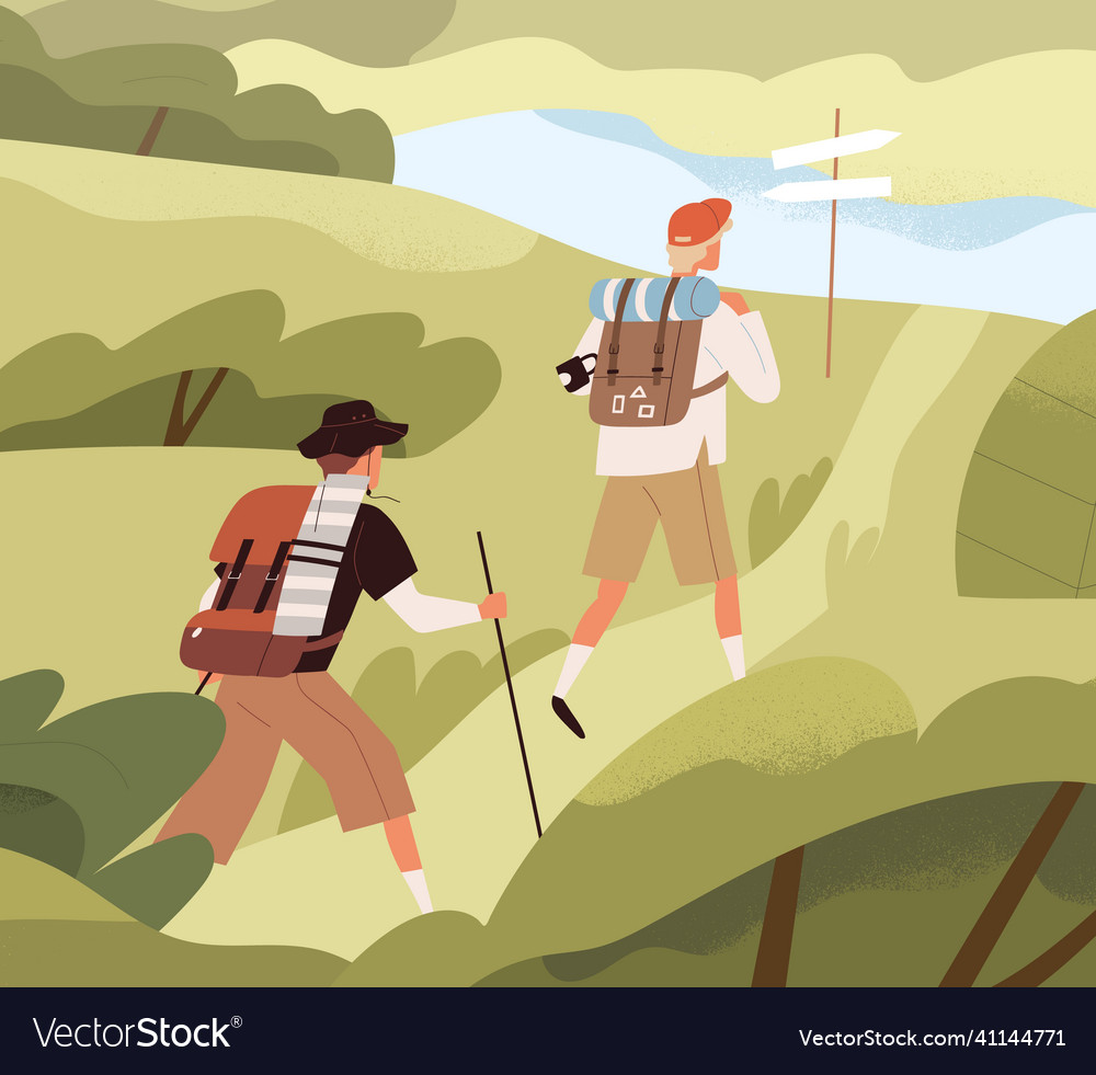 Man hikers with backpacks trekking backpackers Vector Image