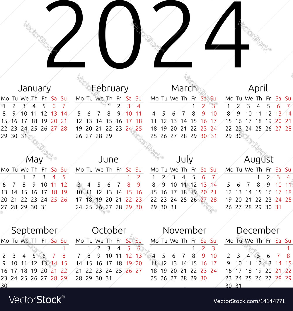 Simple Calendar 2024 Monday Royalty Free Vector Image   Simple Calendar 2024 Monday Vector 14144771 