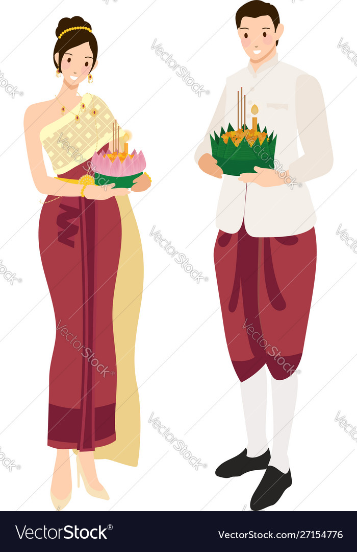 Cute thai couple in traditional red dress on Vector Image