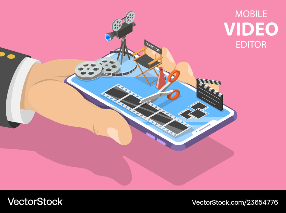 Isometric Flat Concept Video Editing App Vector Image