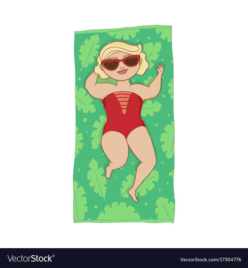 Plump woman in swimsuit lying on beach mat