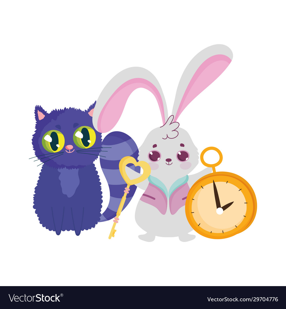 Wonderland cat and rabbit key clock cartoon