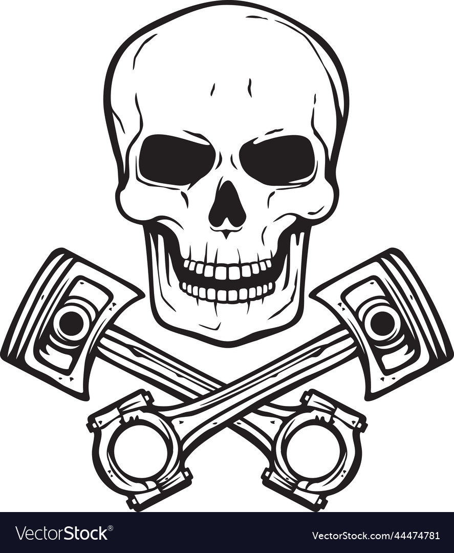 Human skull with crossed engine pistons Royalty Free Vector