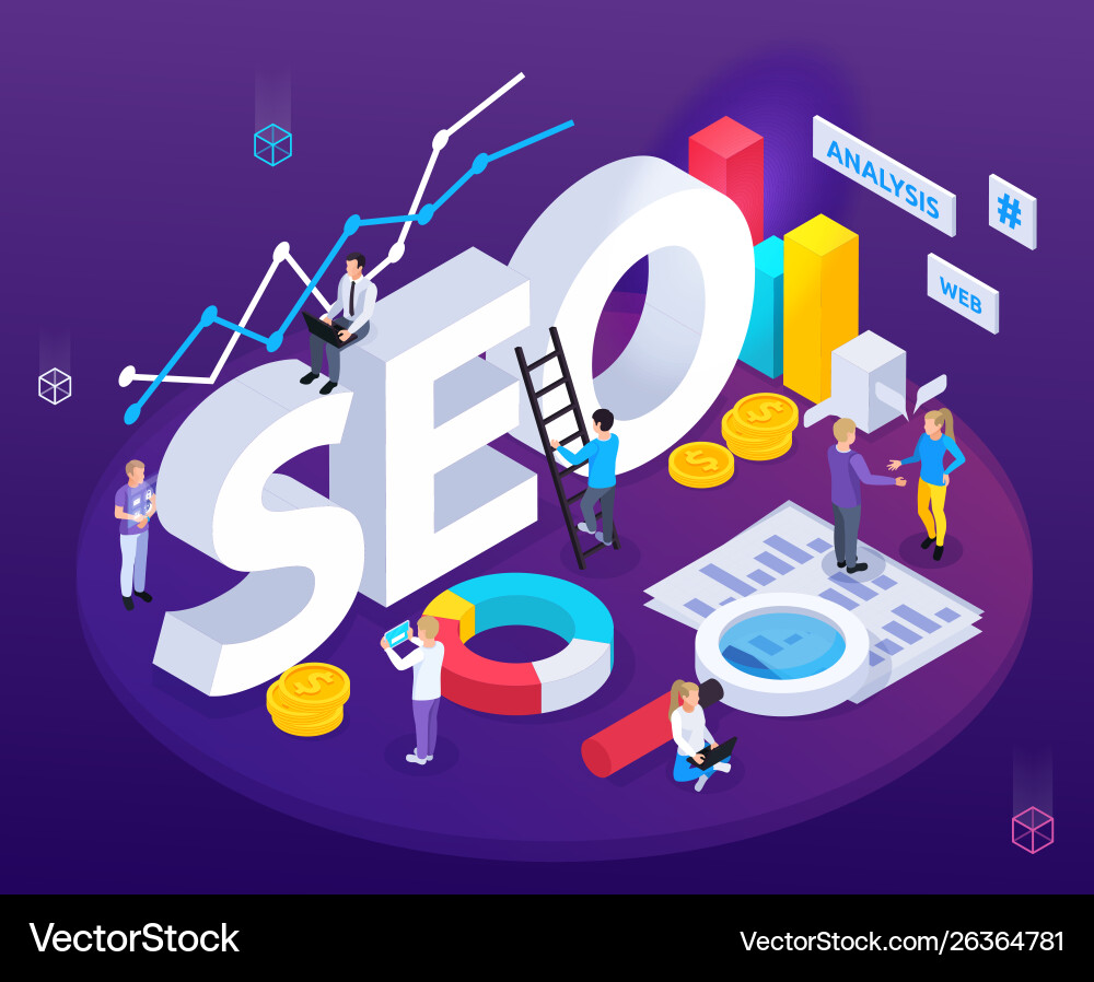 Seo analysis isometric composition Royalty Free Vector Image
