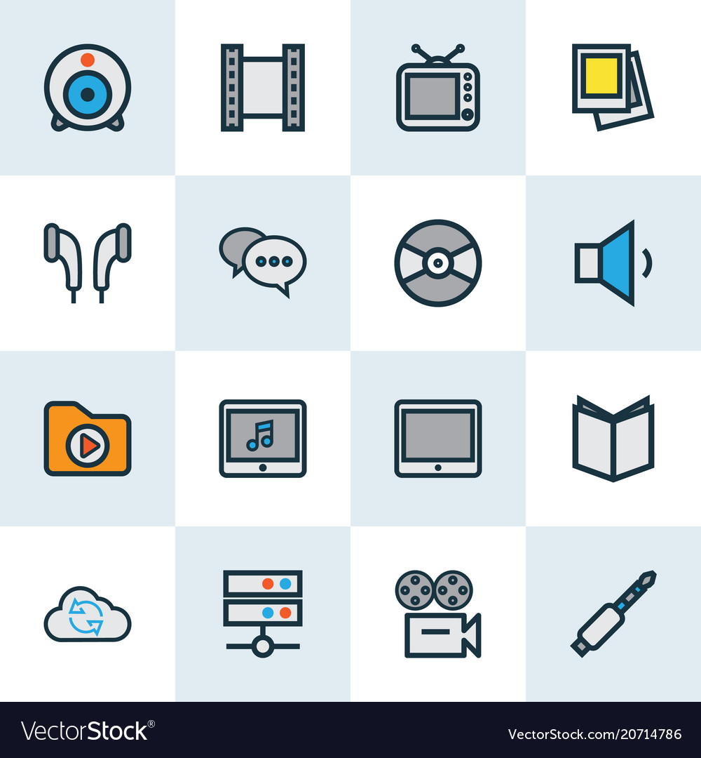 Music icons colored line set with camera web cam
