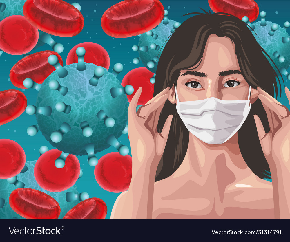 Woman using fase mask with blood cells covid19