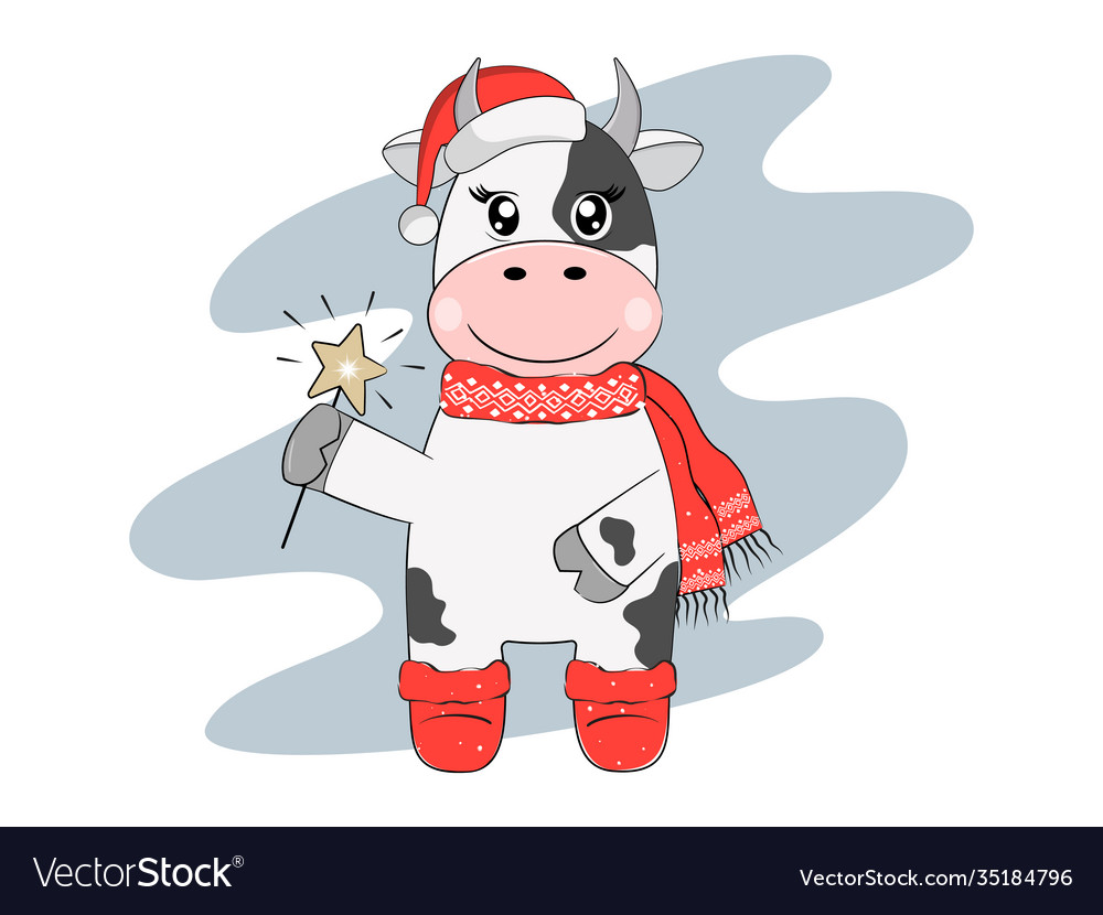 Bull in santa hat and scarf holds sparkle star