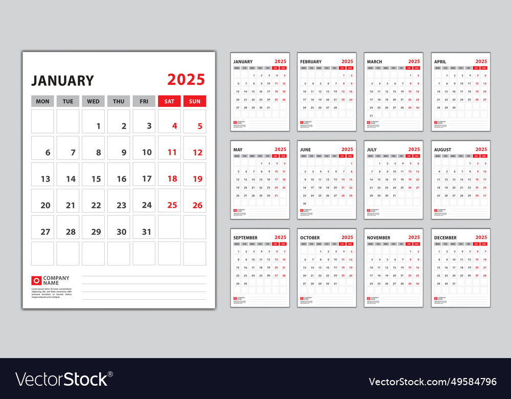 Calendar 2025 week start monday wall royalty free vector