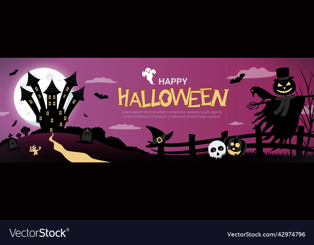 Halloween banner with scary castle and scarecrow vector image Halloween banner with scary castle and scarecrow