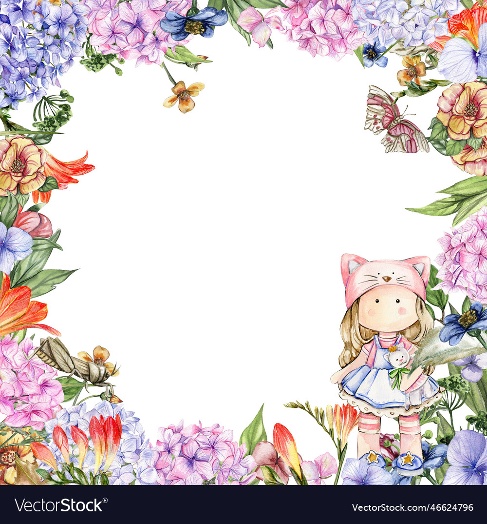 Watercolor square flower frame in cartoon style