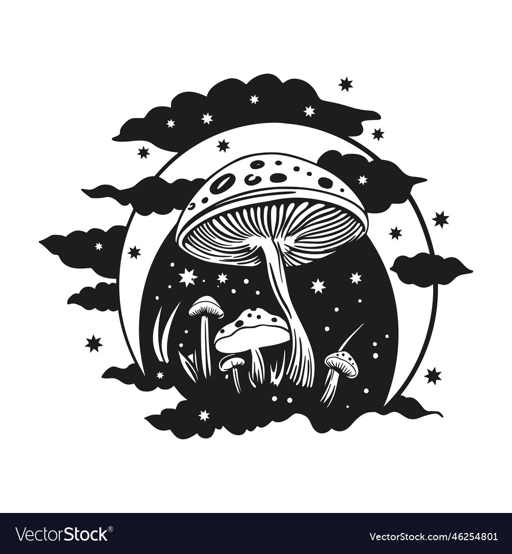 Magic Mushroom Moon Silhouette Black Line Vector Image 1105