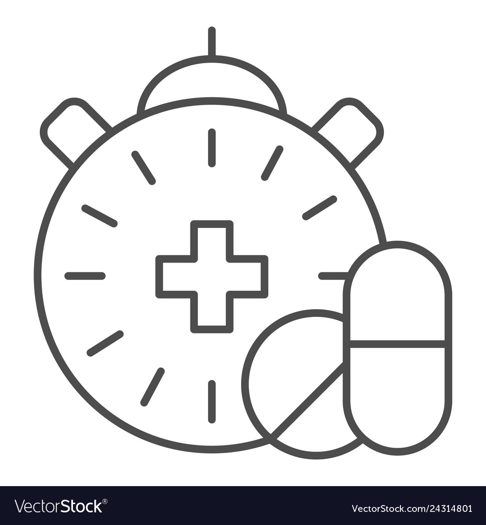 Medikamente Zeit dünne Linie Icon Pillen und Uhr vector image Medikamente Zeit dünne Linie Icon Pillen und Uhr