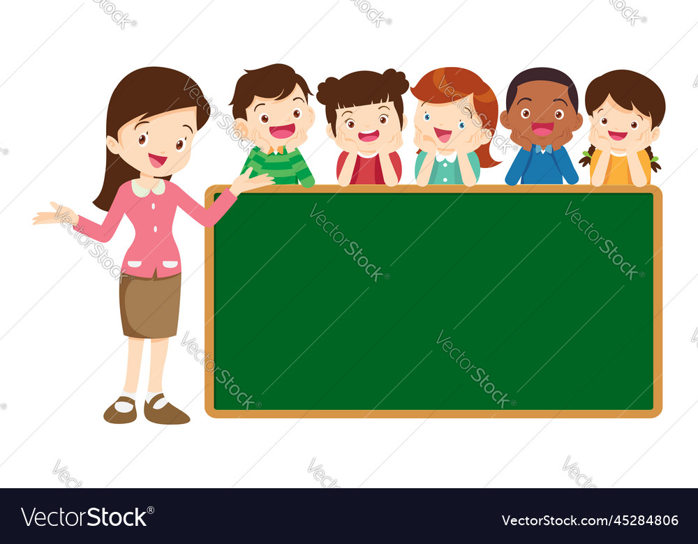 Happy teacher with boy and girls learning