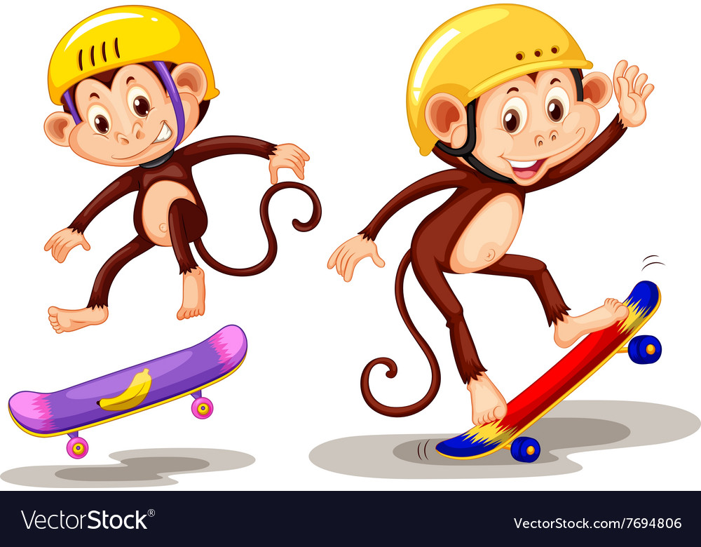 Two monkeys playing skateboard Royalty Free Vector Image