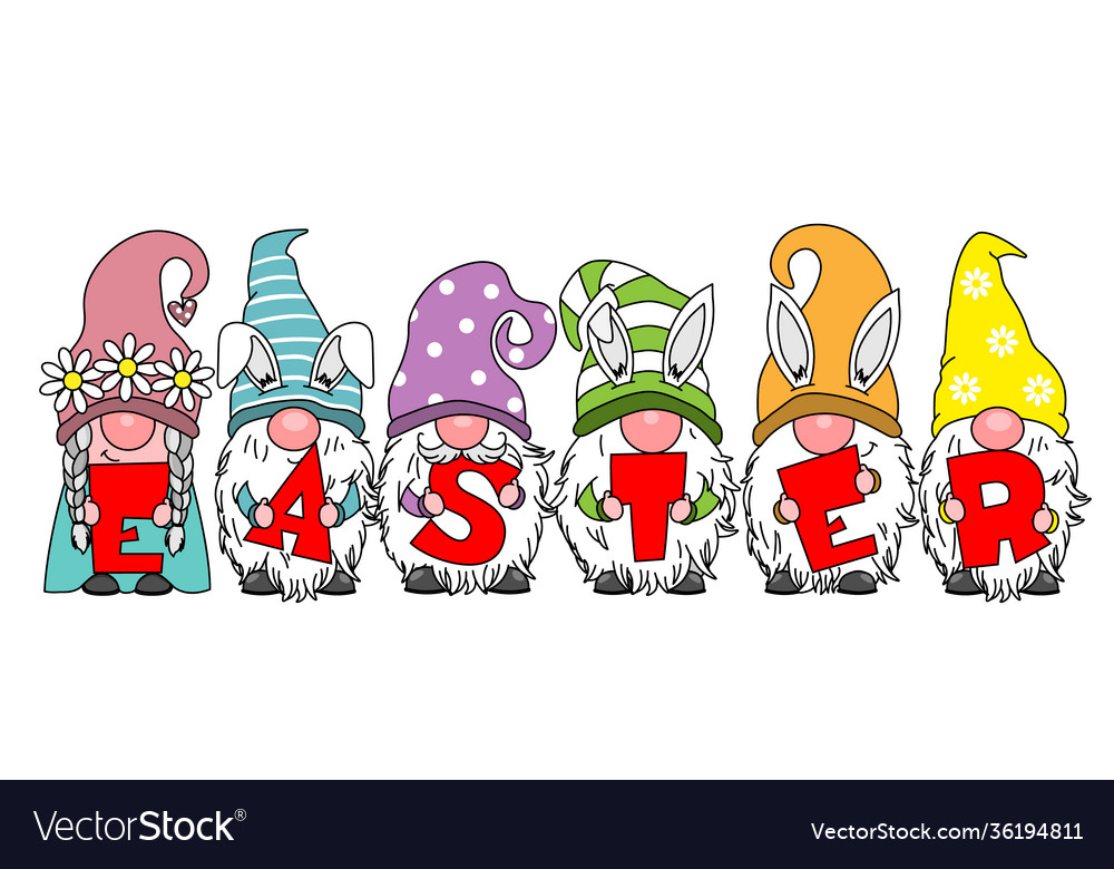 Happy easter card gnomes with word Royalty Free Vector Image