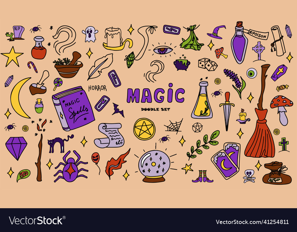 Magic hand drawn doodle set icons of