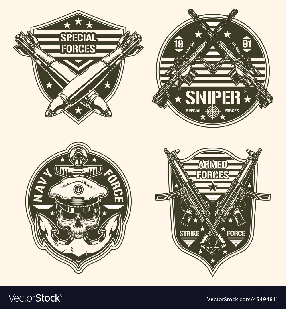 Military set label monochrome vintage Royalty Free Vector