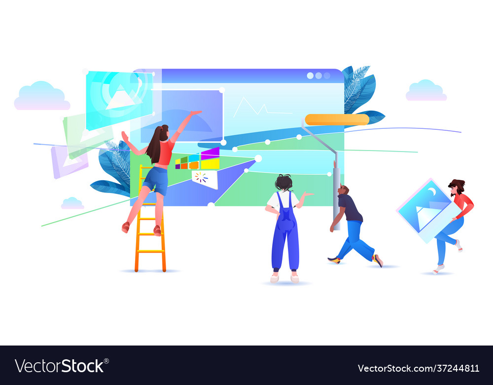 Mix race developers team creating website ui web vector image Mix race developers team creating website ui web