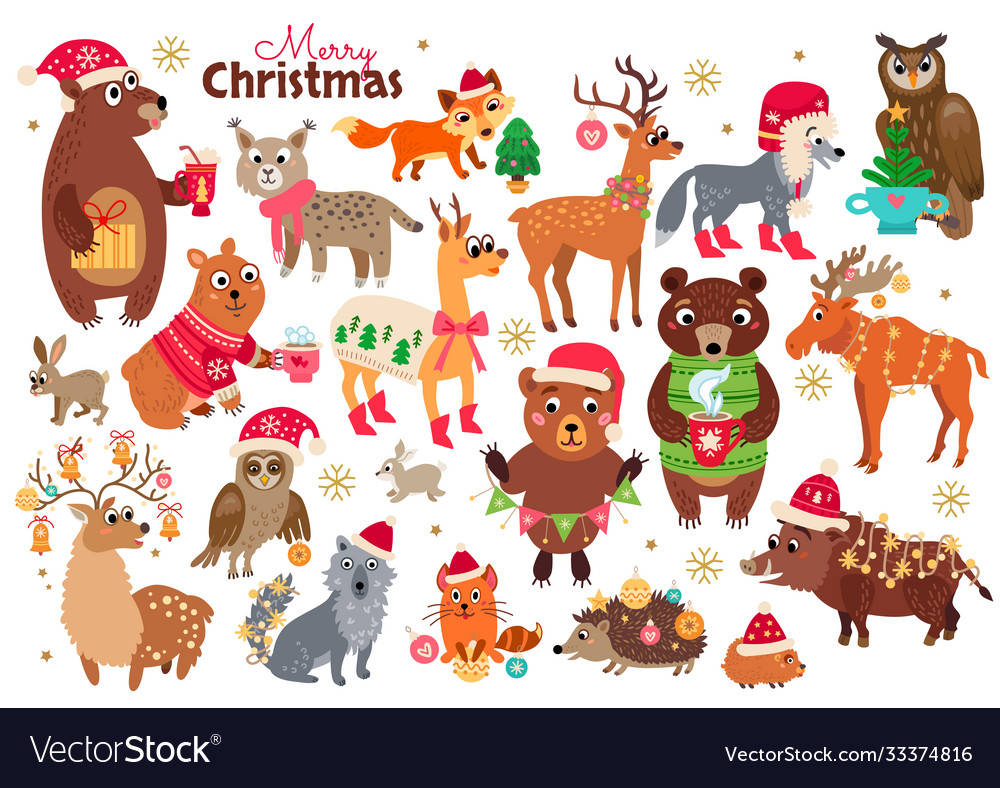 Christmas forest animals set in cartoon style Vector Image