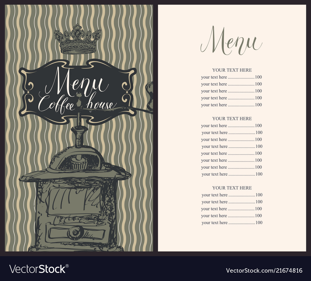 Coffee house menu with price list and coffee mill Vector Image