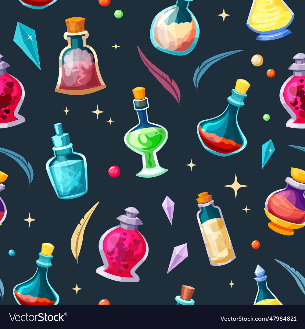 Magic potion bottles with elixir seamless pattern vector image Magic potion bottles with elixir seamless pattern