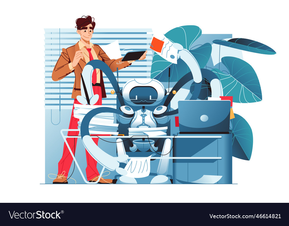 Robot helps human to do work Royalty Free Vector Image