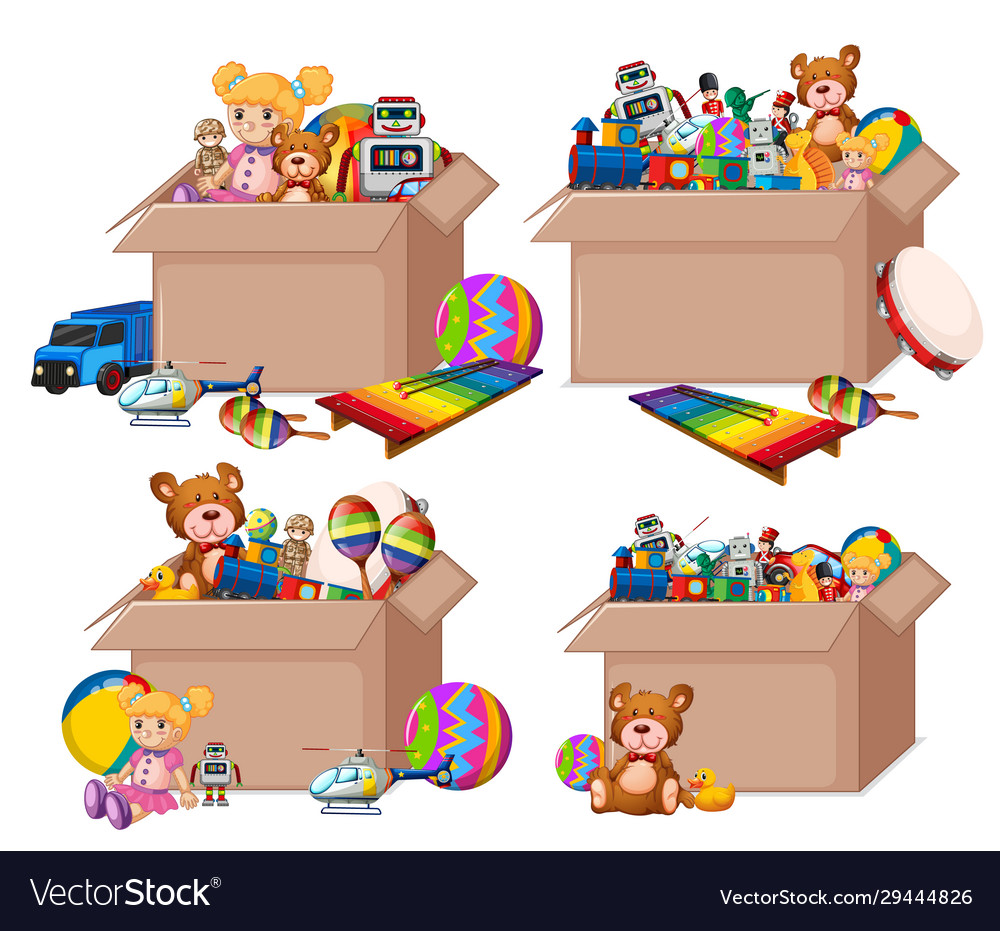 Set boxes full toys on white background