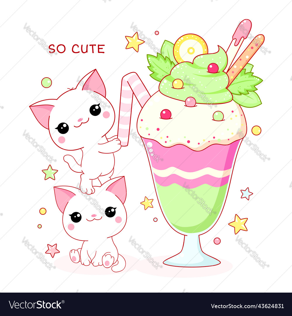 Cute yummy card in kawaii style two lovely cats