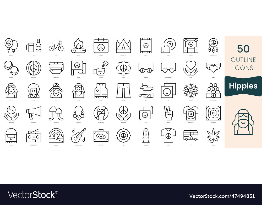 Set of hippies icons thin linear style icons pack Vector Image