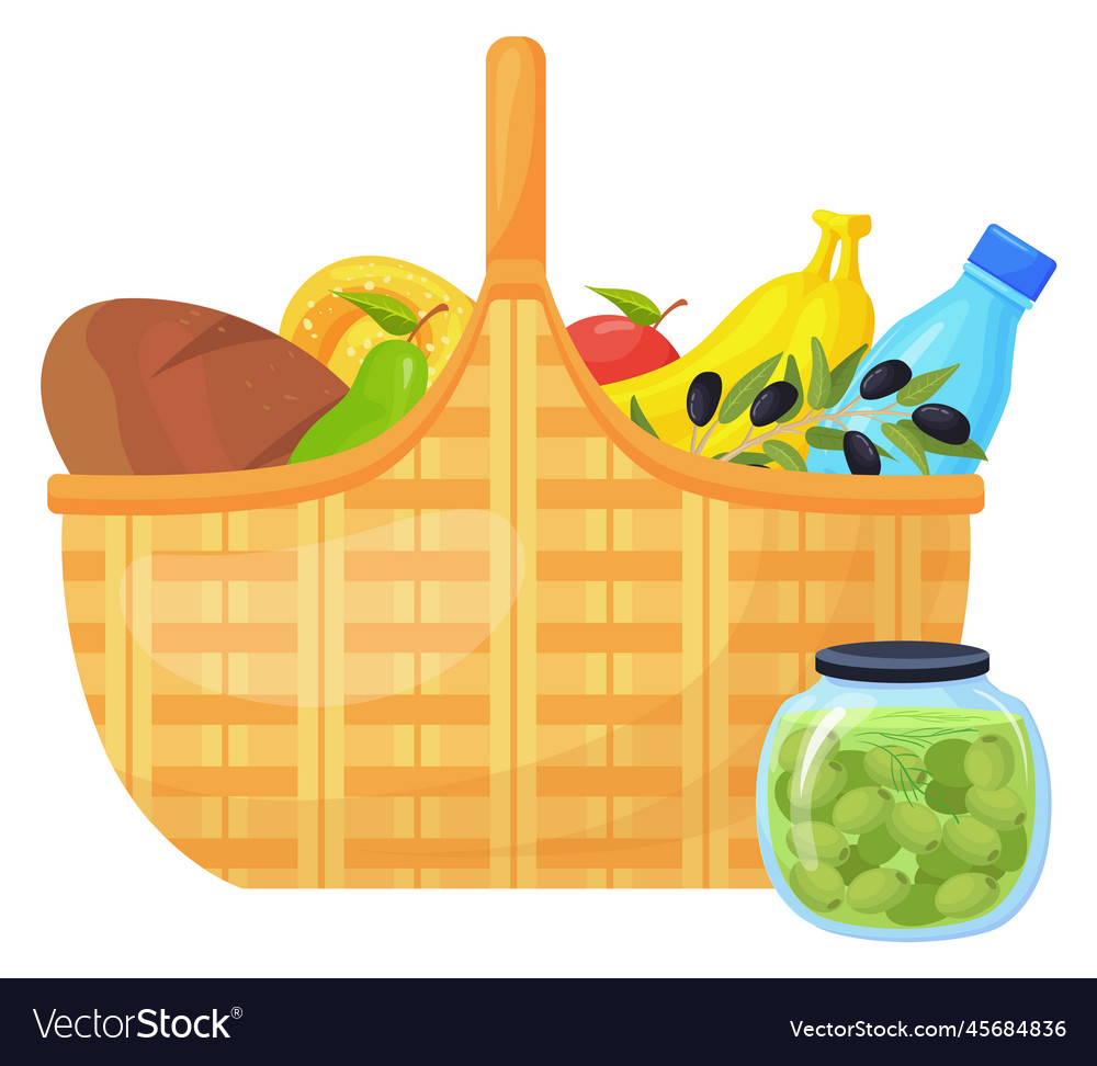 Lunch basket cartoon icon woven hamper with food vector image Lunch basket cartoon icon woven hamper with food