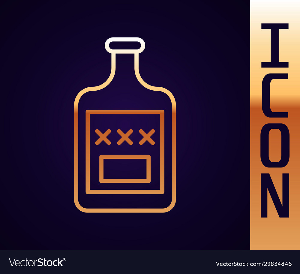 Gold line whiskey bottle icon isolated on black