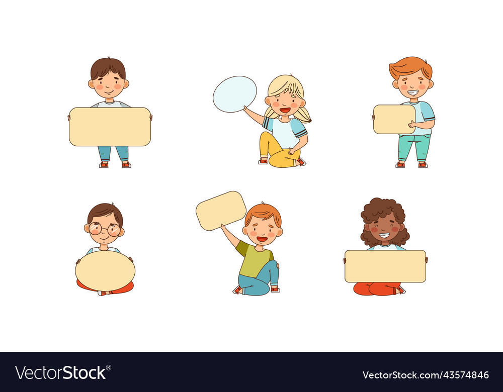 Smiling kids holding empty oval and rectangular vector image Smiling kids holding empty oval and rectangular