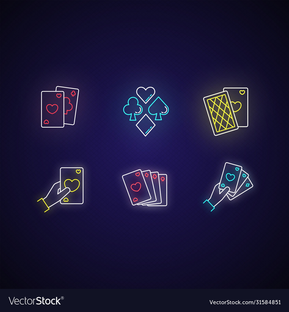 Card games neon light icons set