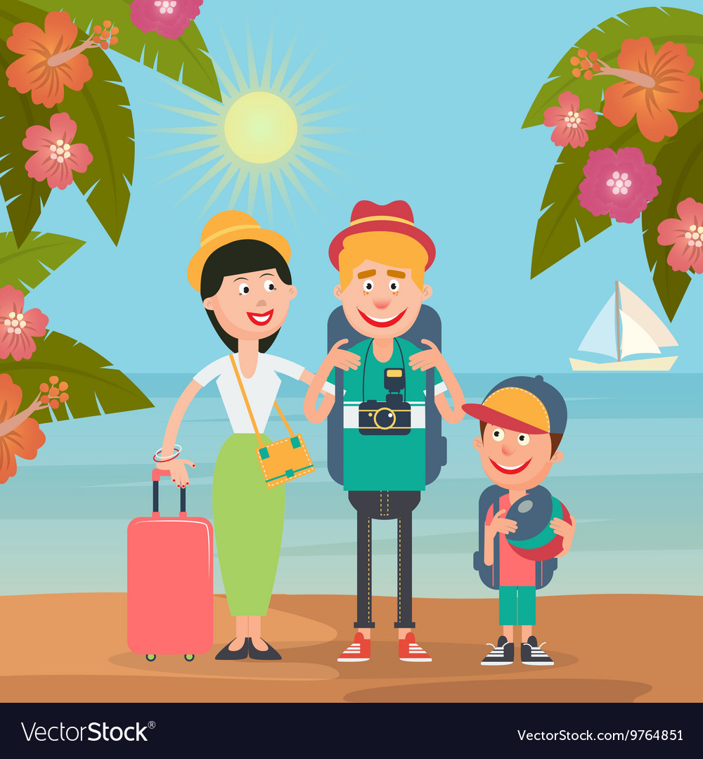 Happy family on beach travel by airplane