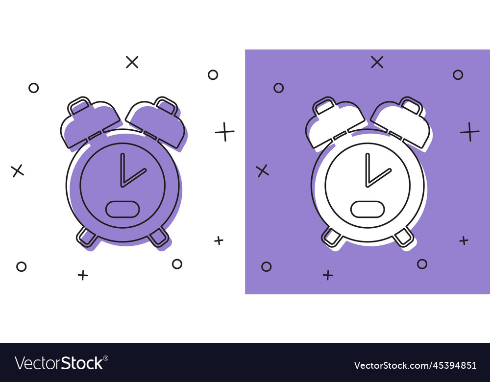 Set alarm clock icon isolated on white and purple Vector Image
